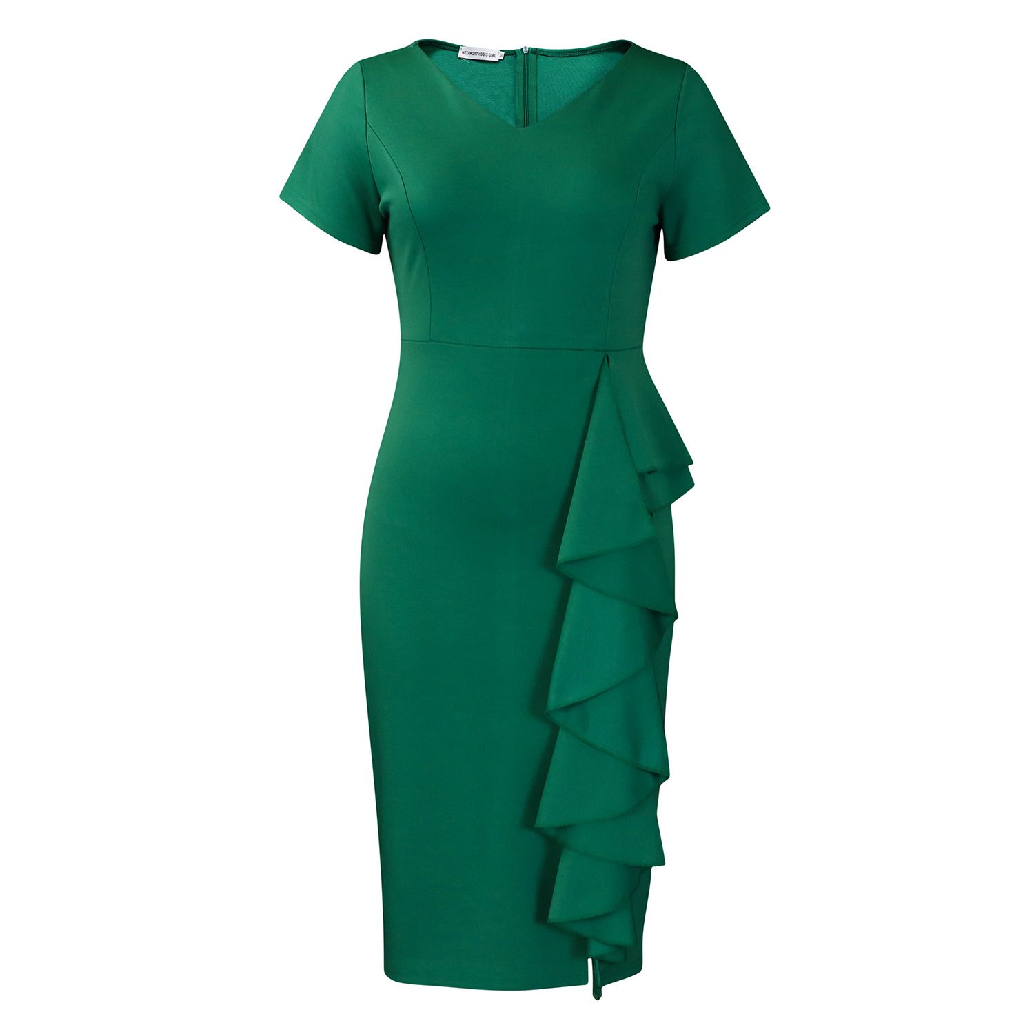 Elegant Bodycon Dresses for Woman V Neck Short Sleeve Sheath Ruffles Mid Calf Formal Business Work Wear Dress Midi Clothes