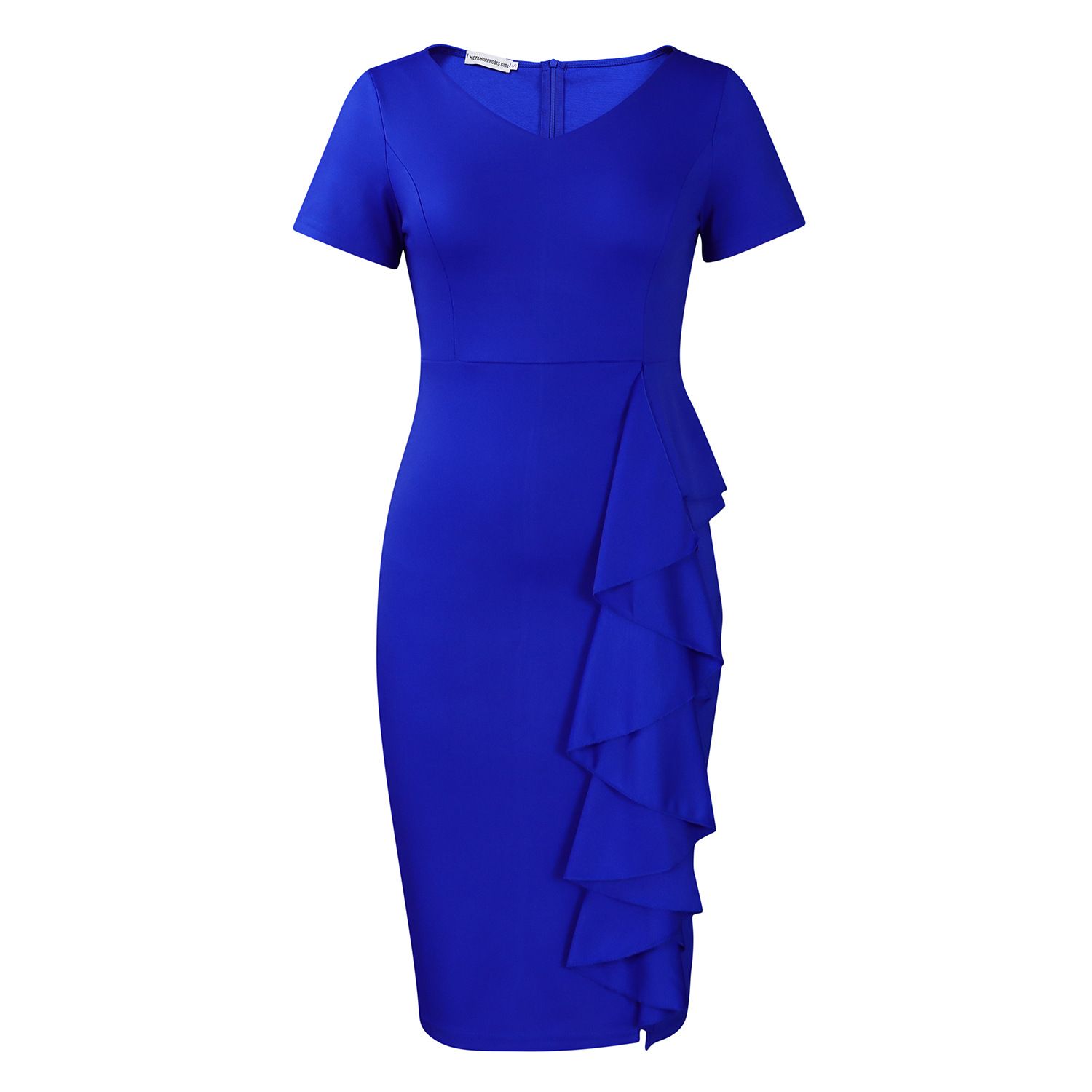 Elegant Bodycon Dresses for Woman V Neck Short Sleeve Sheath Ruffles Mid Calf Formal Business Work Wear Dress Midi Clothes