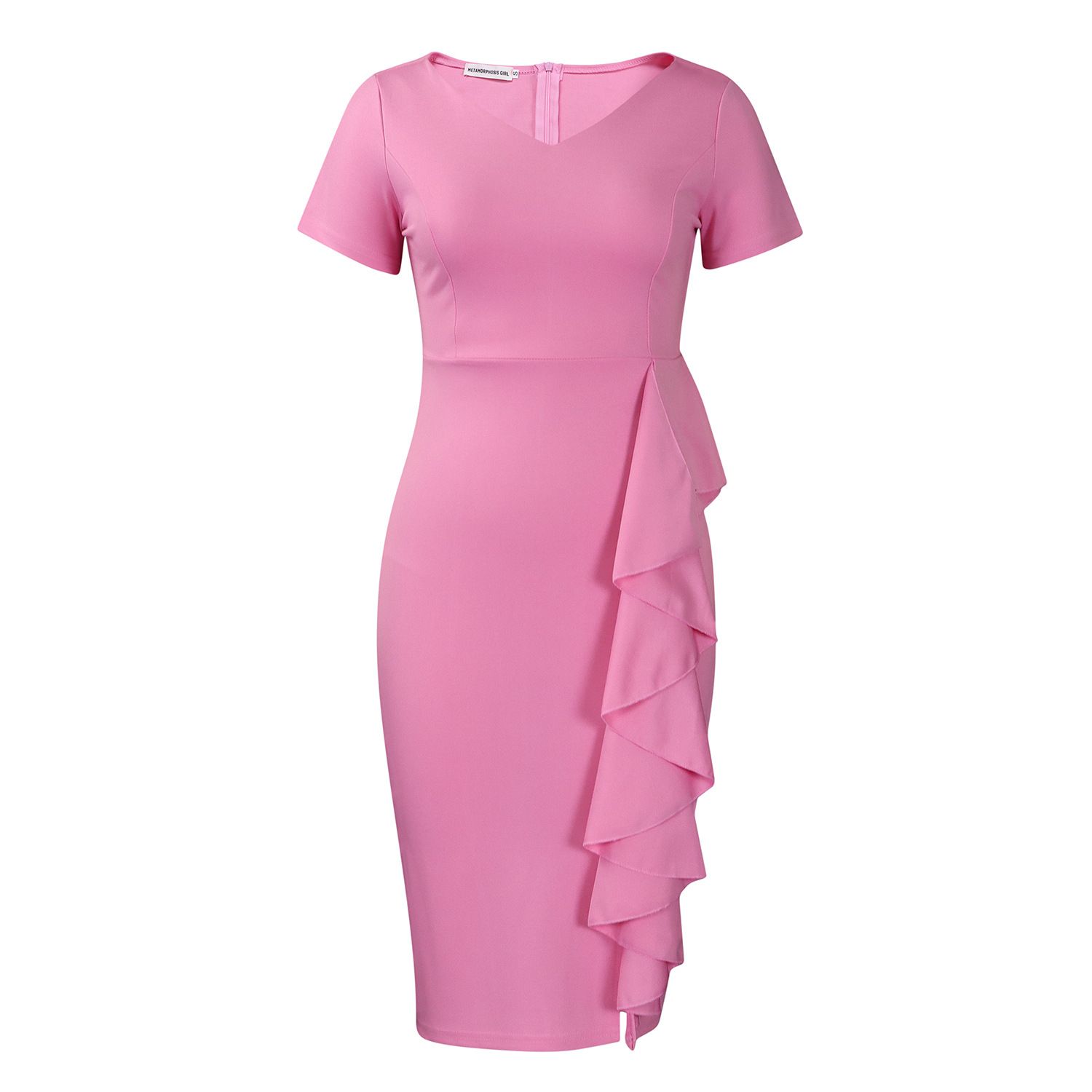 Elegant Bodycon Dresses for Woman V Neck Short Sleeve Sheath Ruffles Mid Calf Formal Business Work Wear Dress Midi Clothes
