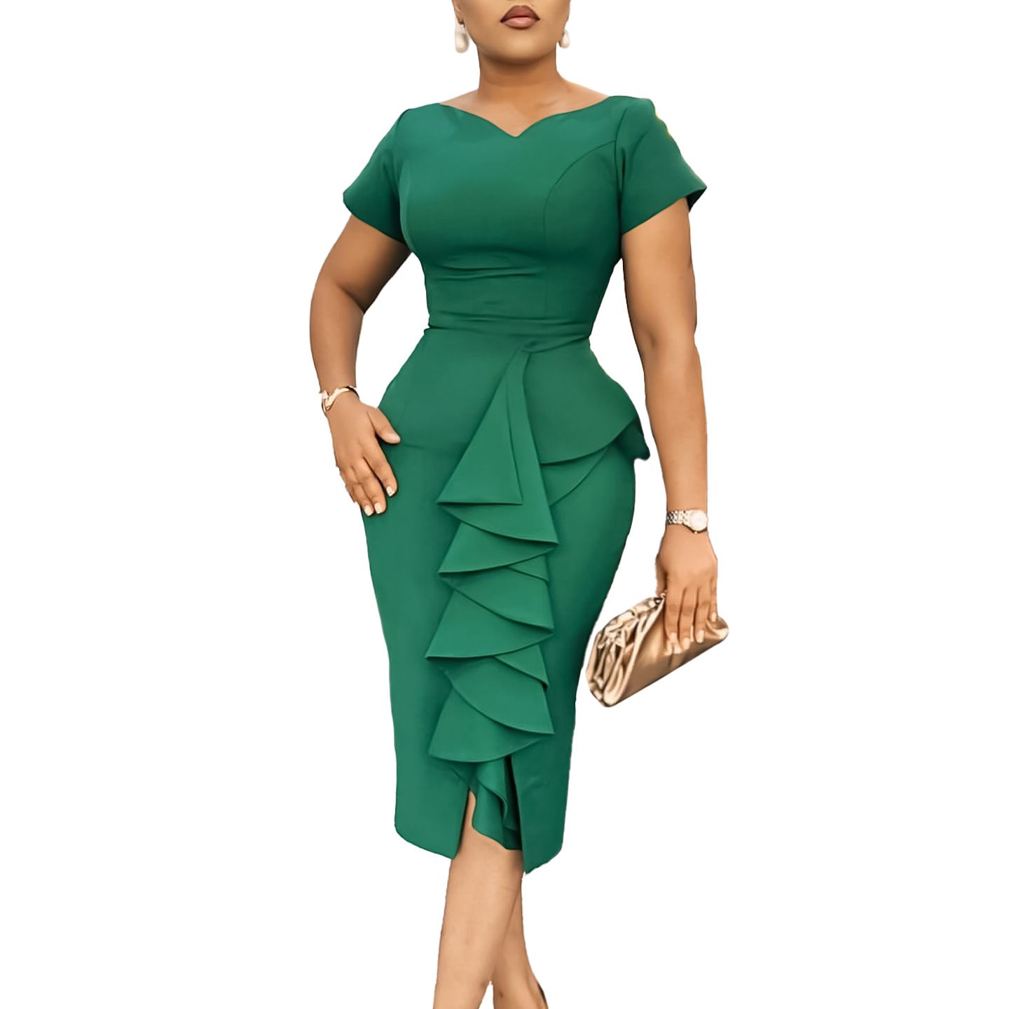 Elegant Bodycon Dresses for Woman V Neck Short Sleeve Sheath Ruffles Mid Calf Formal Business Work Wear Dress Midi Clothes
