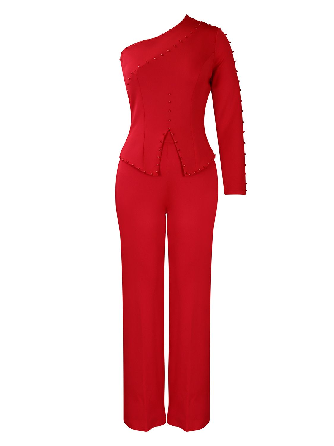 2 Piece Sets Women Outifits Autumn Slanted Shoulder Nail Bead Top Pants Two-piece Party Lady Matching Sets OL Fashion Suit