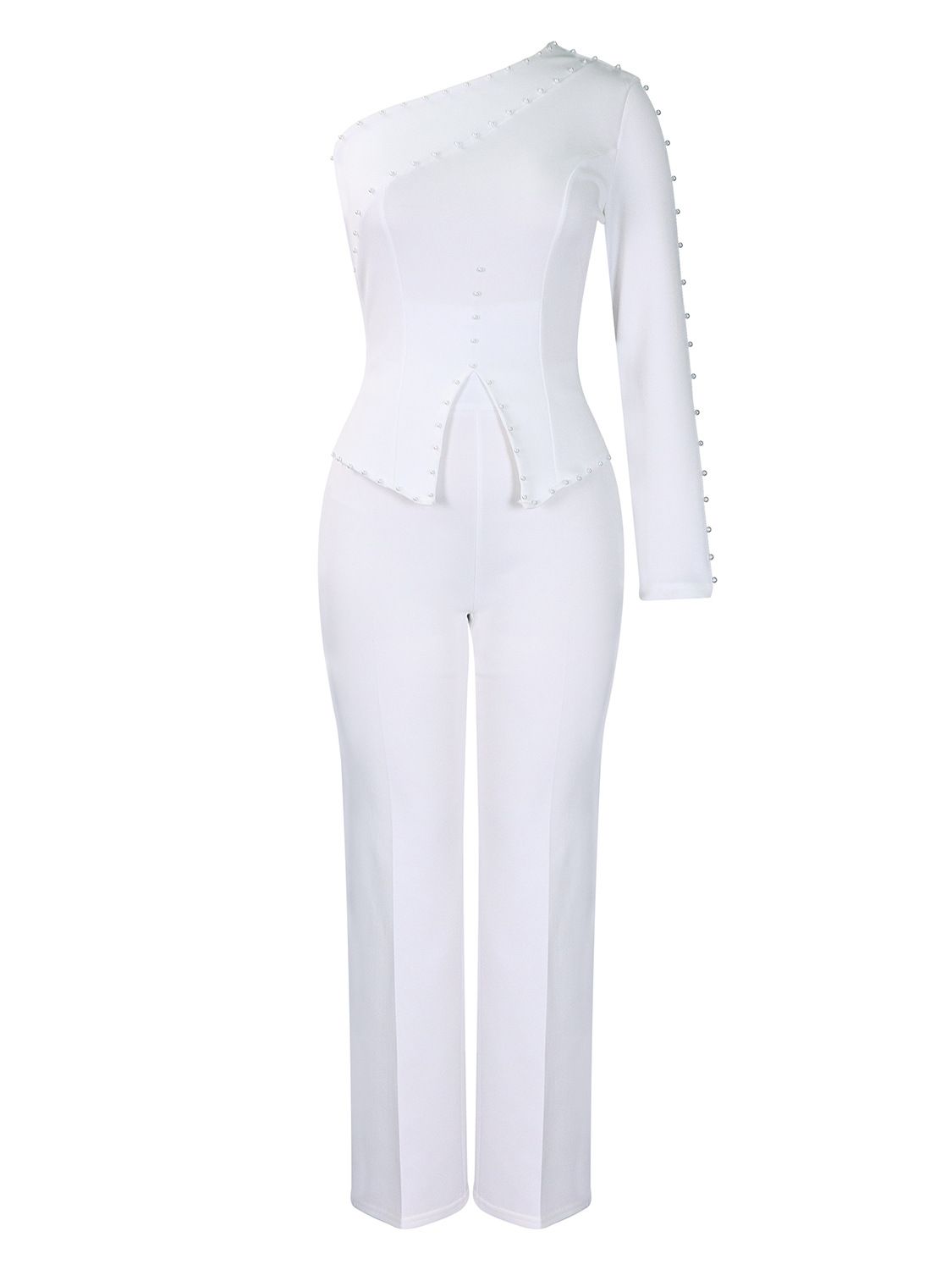 2 Piece Sets Women Outifits Autumn Slanted Shoulder Nail Bead Top Pants Two-piece Party Lady Matching Sets OL Fashion Suit