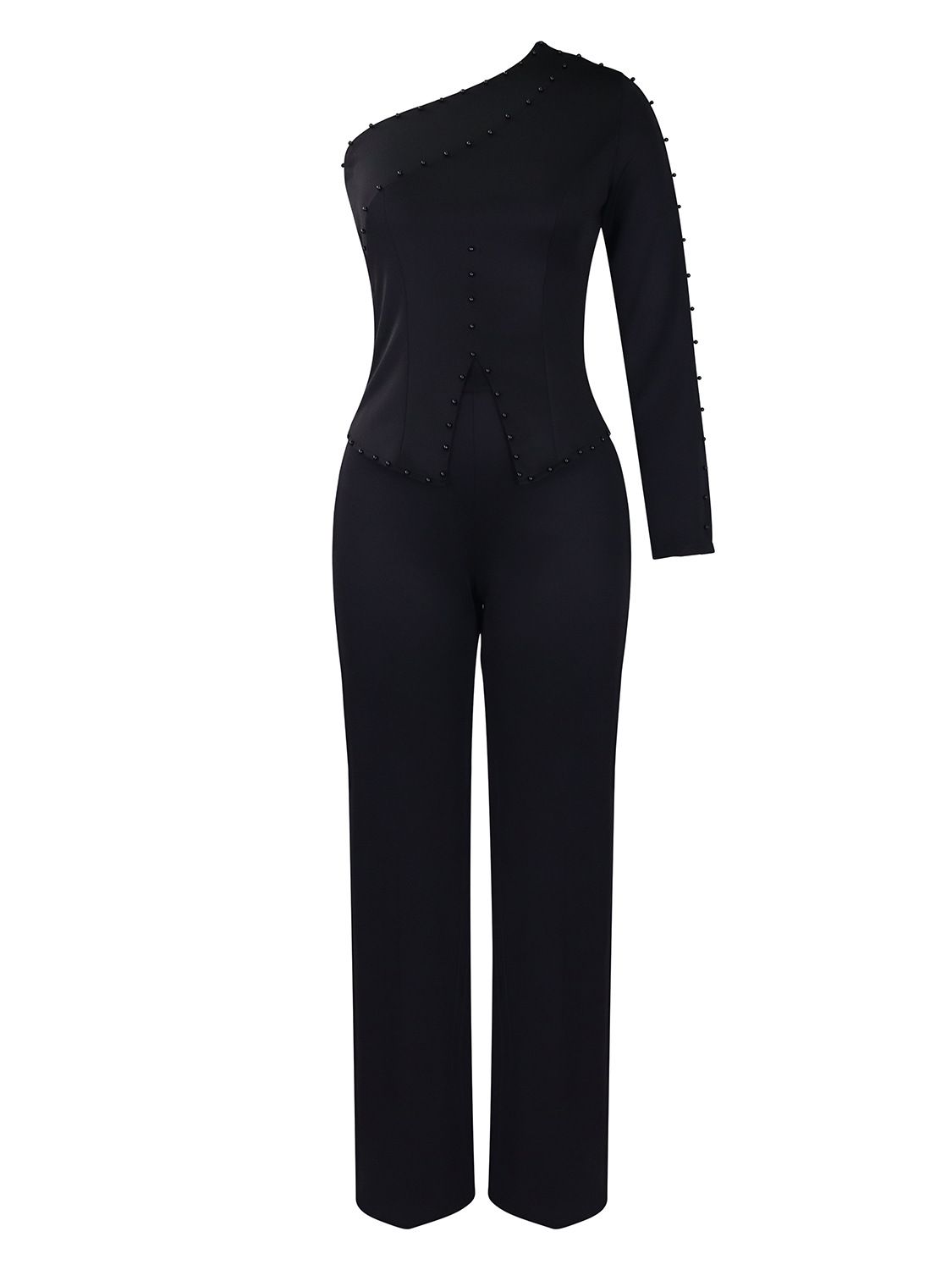 2 Piece Sets Women Outifits Autumn Slanted Shoulder Nail Bead Top Pants Two-piece Party Lady Matching Sets OL Fashion Suit