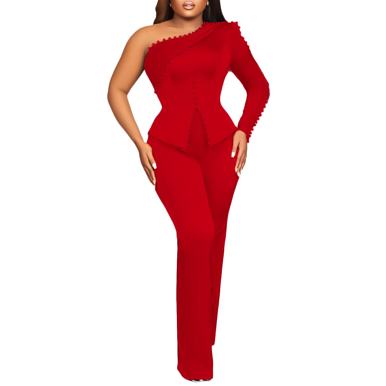 2 Piece Sets Women Outifits Autumn Slanted Shoulder Nail Bead Top Pants Two-piece Party Lady Matching Sets OL Fashion Suit