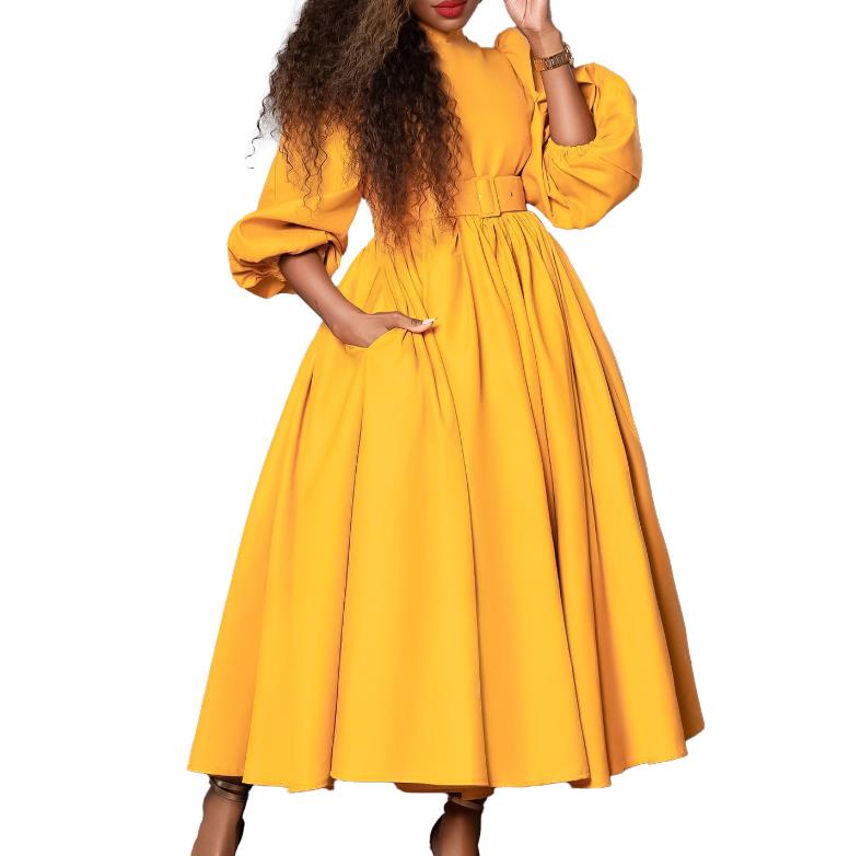 Women Dress A Line Pleated Mock Neck Sleeves Elegant Office Ladies Work Wear Classy Church Female African Gowns Spring New