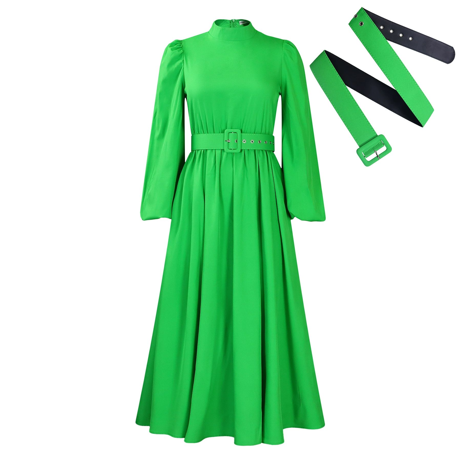 Women Dress A Line Pleated Mock Neck Sleeves Elegant Office Ladies Work Wear Classy Church Female African Gowns Spring New