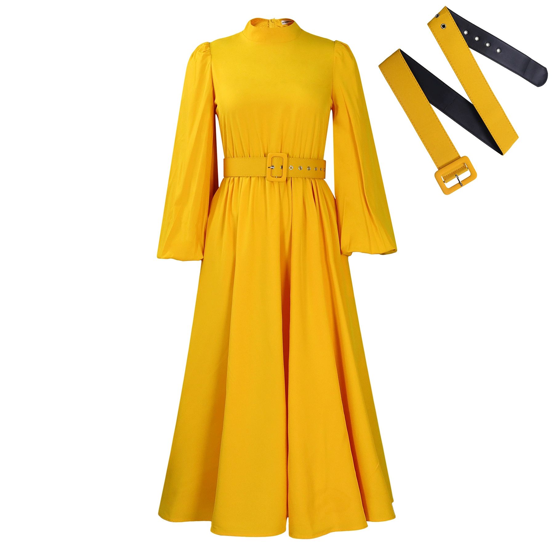 Women Dress A Line Pleated Mock Neck Sleeves Elegant Office Ladies Work Wear Classy Church Female African Gowns Spring New