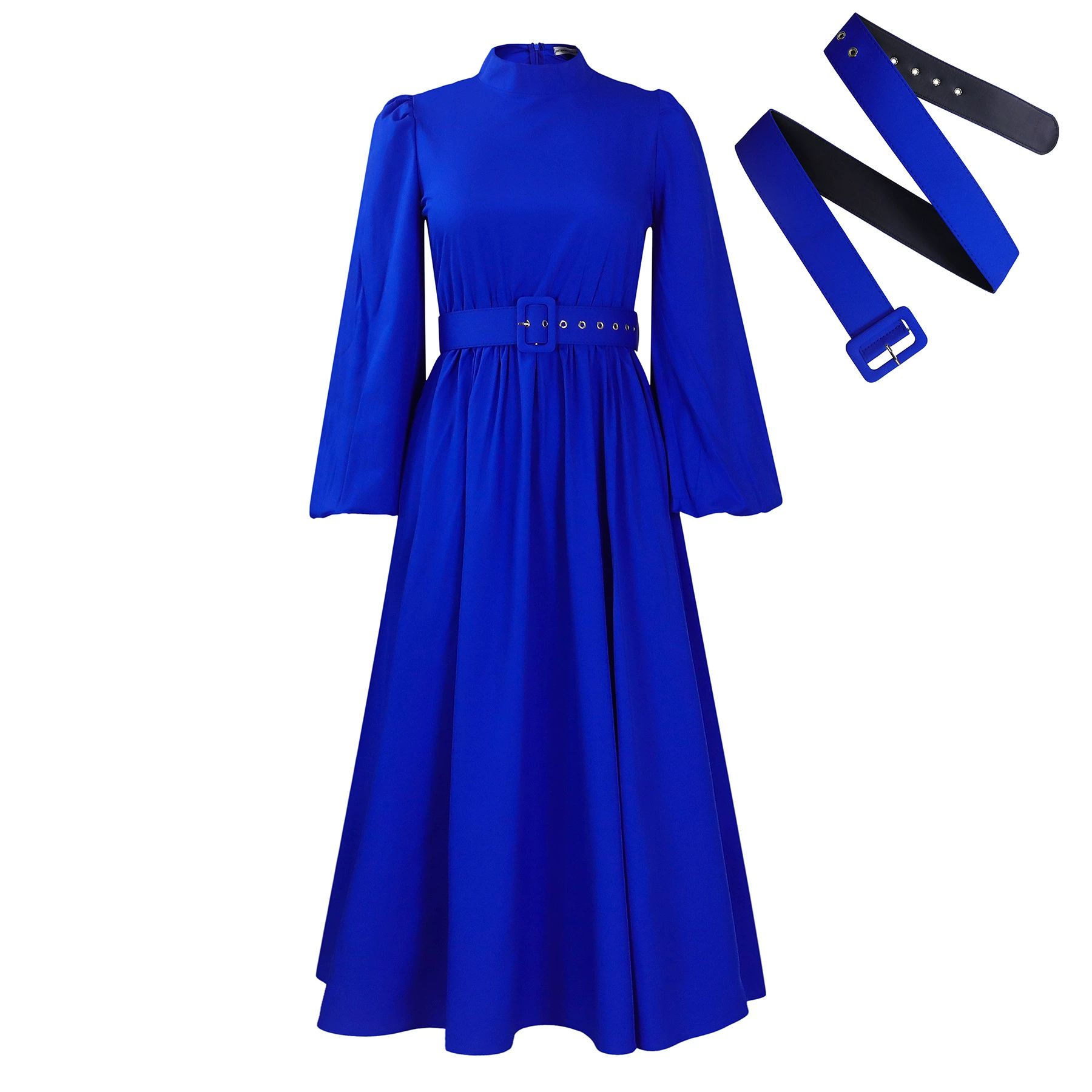 Women Dress A Line Pleated Mock Neck Sleeves Elegant Office Ladies Work Wear Classy Church Female African Gowns Spring New