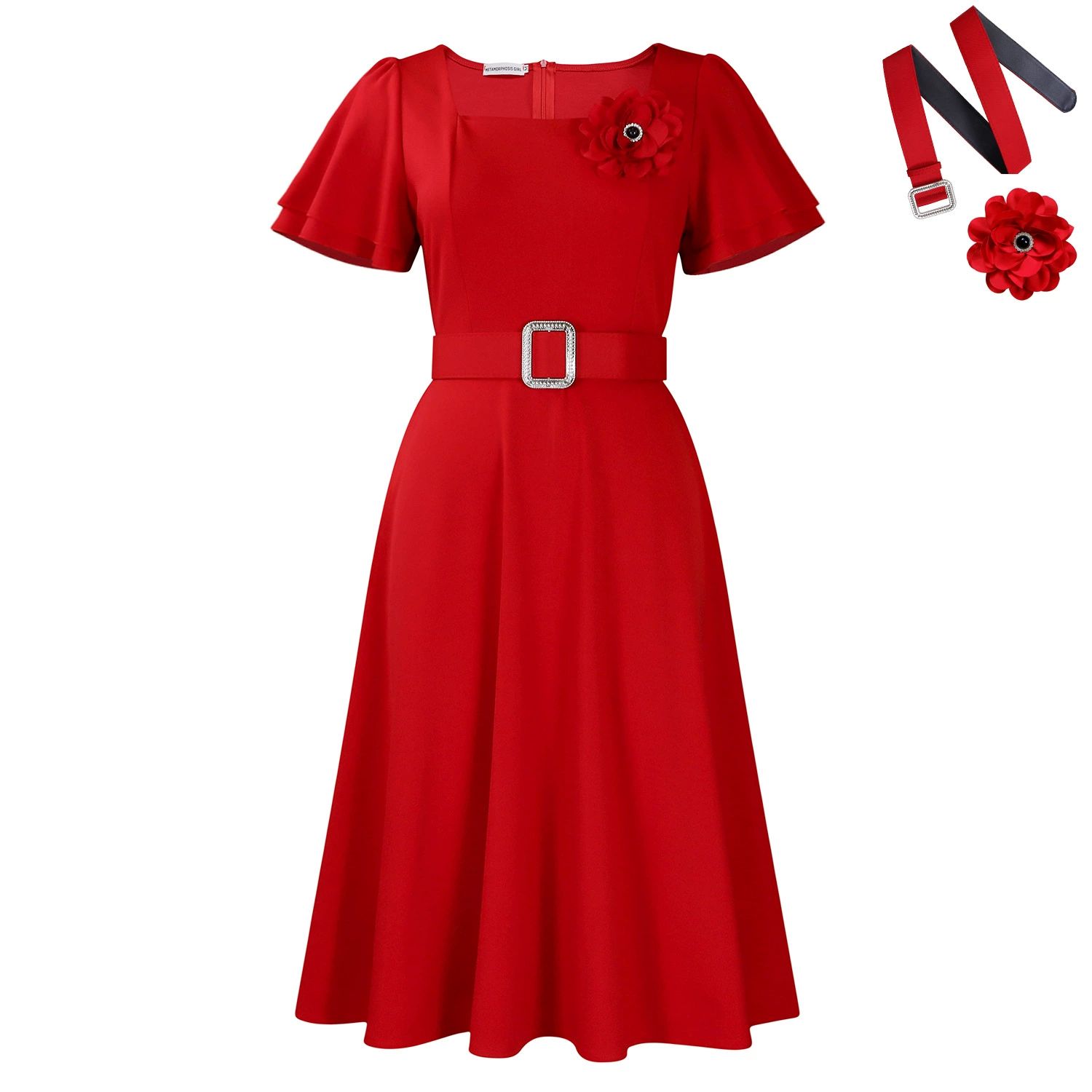 Fashionable Square Collar Solid Color High Waist Maxi Skirt African Print Women's Dress Short Sleeve Knee-Length Empire Waist
