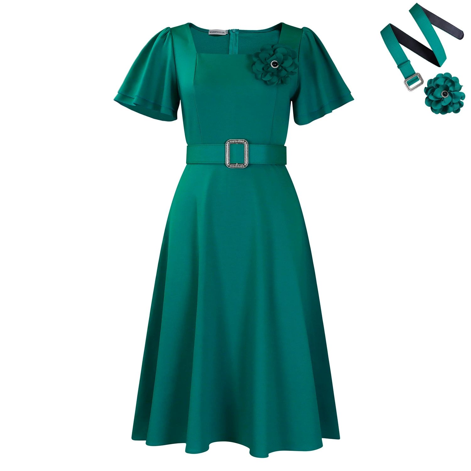 Fashionable Square Collar Solid Color High Waist Maxi Skirt African Print Women's Dress Short Sleeve Knee-Length Empire Waist