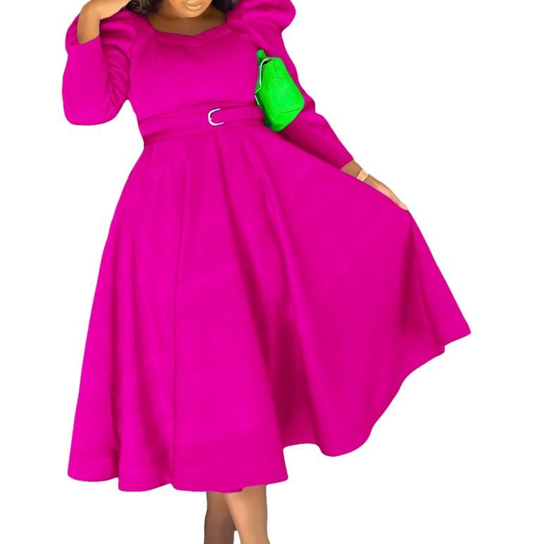 Puff Sleeve A-line Dress African Long Dresses for Women Fall Sale Evening Party High Waist Belt Robe Femme Plus Size Ladies
