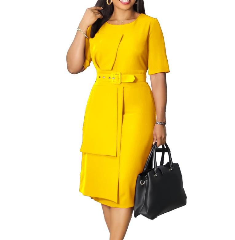 Elegant Office Lady Red Mid Pencil Dress O Neck Short Sleeve Belt Waisted Sheath Package Hips Birthday Evening Prom New