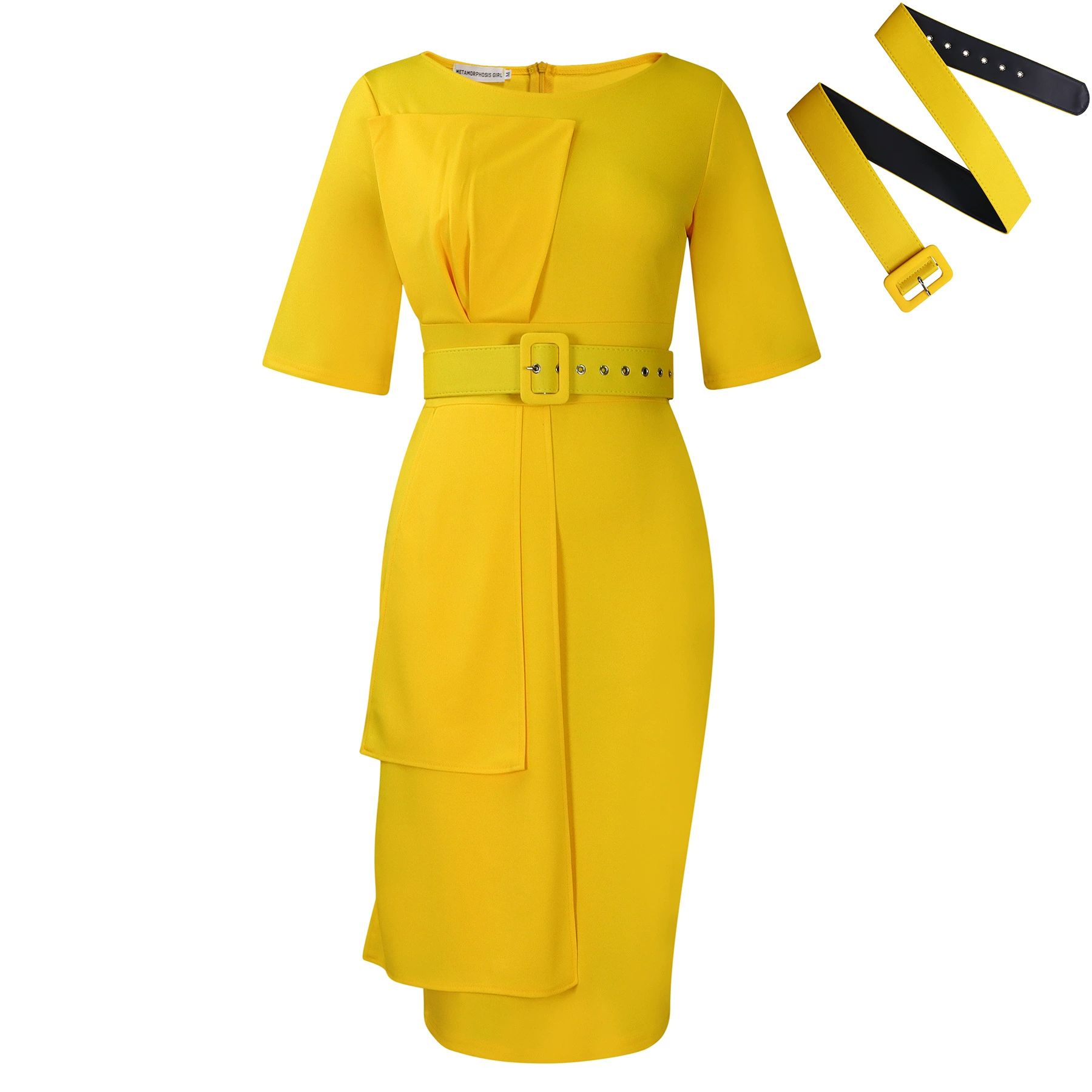 Elegant Office Lady Red Mid Pencil Dress O Neck Short Sleeve Belt Waisted Sheath Package Hips Birthday Evening Prom New