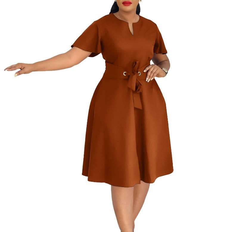 V Neck Short Sleeve Office Lady Mid Dresses for Women Fashion Evening Birthday Elegant A Line Loose Bandage Robe