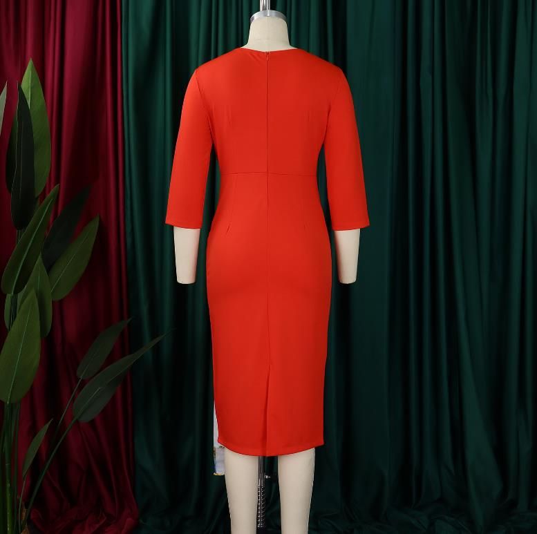 Plus-size women's new fashion temperament elegant bag hip slimming round neck pencil skirt slit dress Women's Clothing