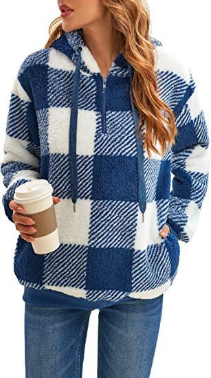 Plush Jacket Autumn and Winter New Long Sleeved Hooded Plaid Plush Women's Hoodie Women's Clothing Plus Size