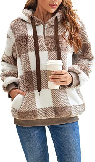 Plush Jacket Autumn and Winter New Long Sleeved Hooded Plaid Plush Women's Hoodie Women's Clothing Plus Size