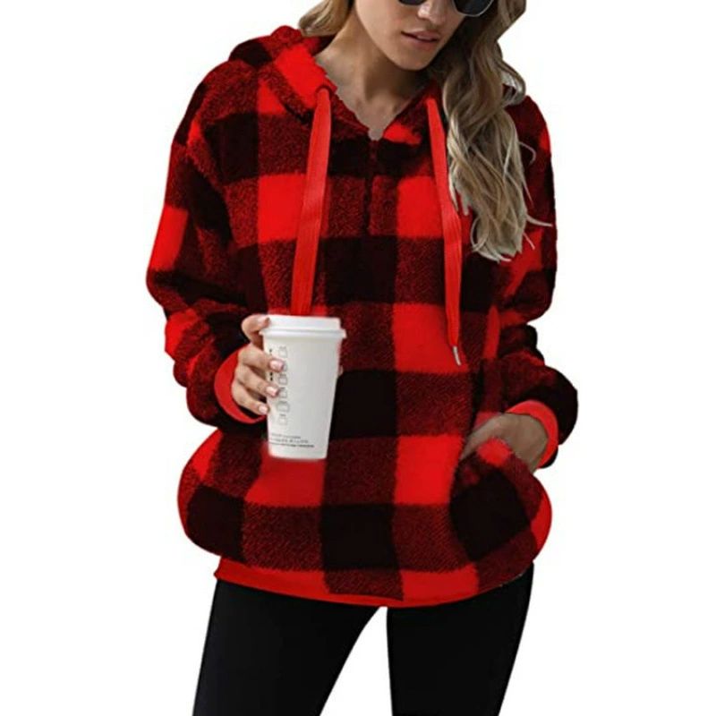 Plush Jacket Autumn and Winter New Long Sleeved Hooded Plaid Plush Women's Hoodie Women's Clothing Plus Size