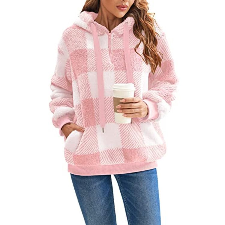 Plush Jacket Autumn and Winter New Long Sleeved Hooded Plaid Plush Women's Hoodie Women's Clothing Plus Size