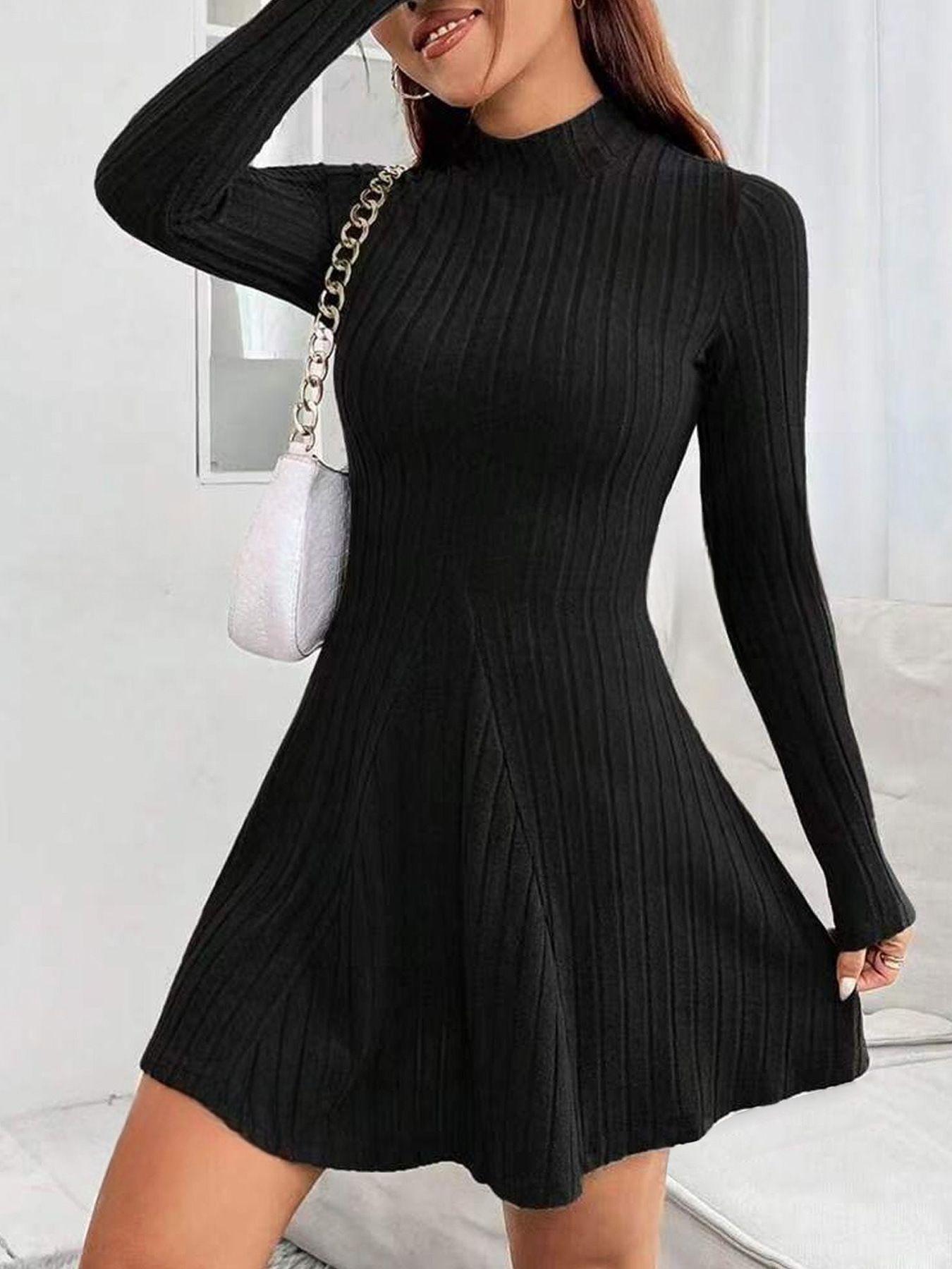 Spring Women A-Line Dresses Fashion New Club Party Half High Collar Long Sleeves Sexy Black Dress Lady Casual Slim Dress