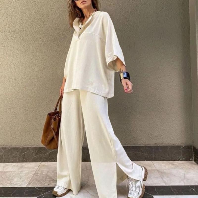 Vintage Women's Cotton Linen Blouse Sets Two 2pcs Sale Summer Loose Batwing Sleeve Tops&Wide Leg Loose Full Trousers Suits