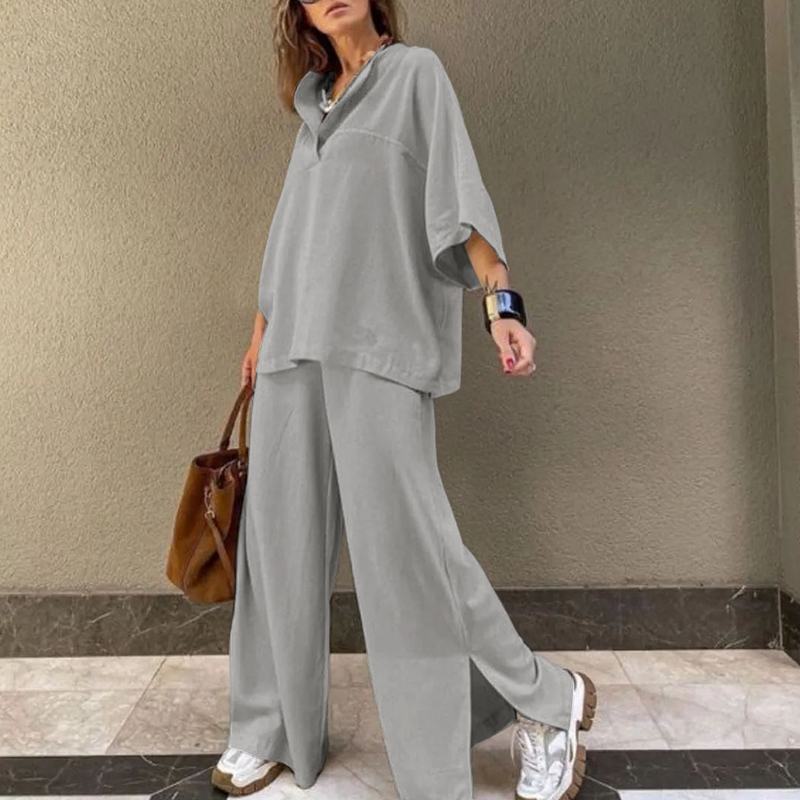 Vintage Women's Cotton Linen Blouse Sets Two 2pcs Sale Summer Loose Batwing Sleeve Tops&Wide Leg Loose Full Trousers Suits