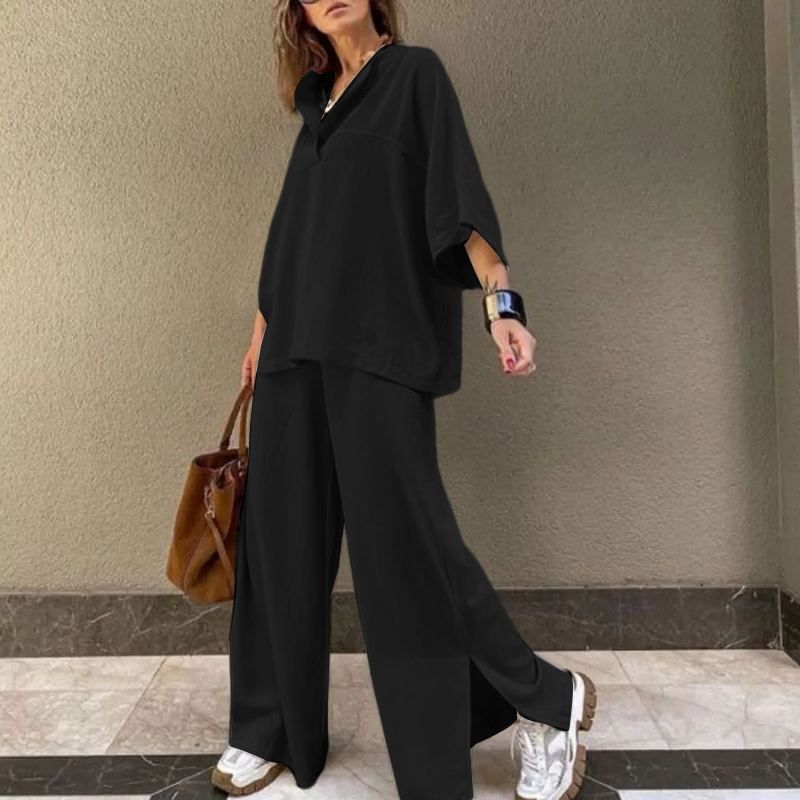 Vintage Women's Cotton Linen Blouse Sets Two 2pcs Sale Summer Loose Batwing Sleeve Tops&Wide Leg Loose Full Trousers Suits