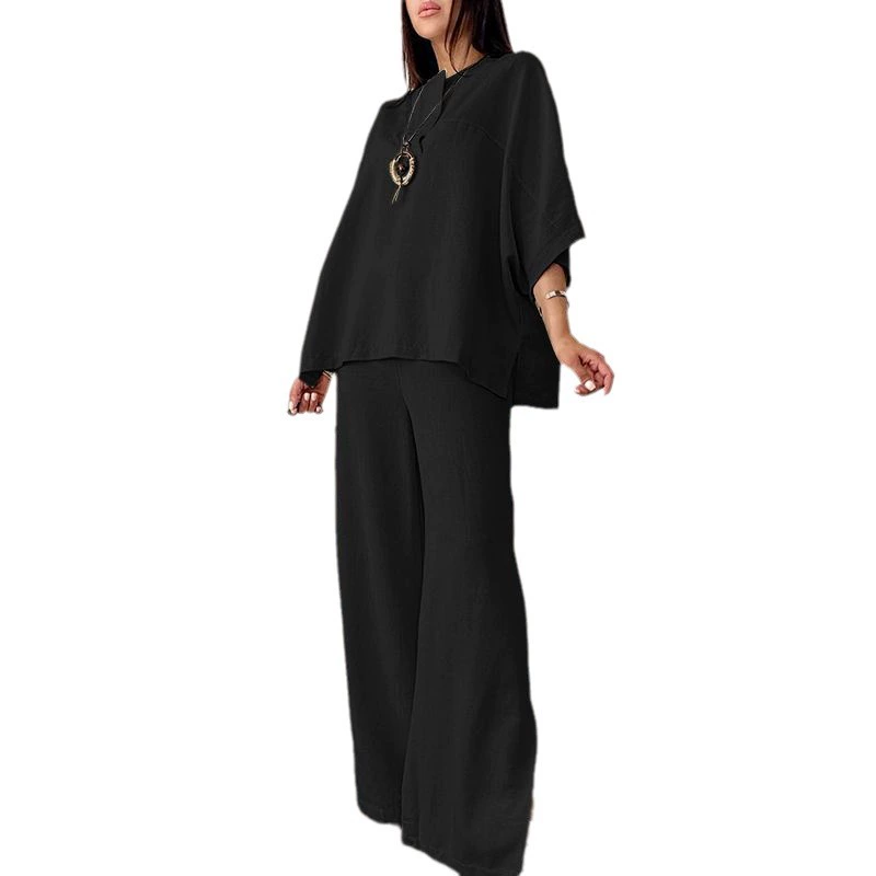 Vintage Women's Cotton Linen Blouse Sets Two 2pcs Sale Summer Loose Batwing Sleeve Tops&Wide Leg Loose Full Trousers Suits