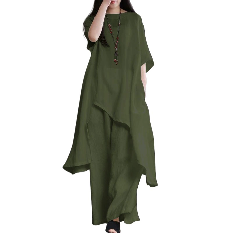 Women's suits plus size women's cotton and linen 2-piece casual sportswear suit short-sleeved O-neck tops and trousers