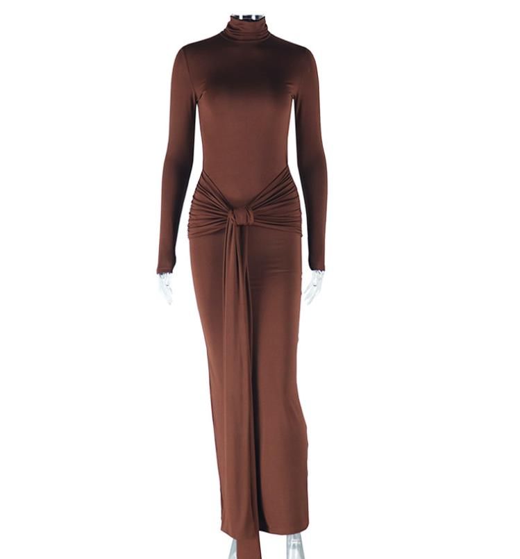 Women Full Sleeve Turtleneck Ribbon Ruched Long Maxi Dress Spring Sexy Street Slim Evening Night Club Party Dresses
