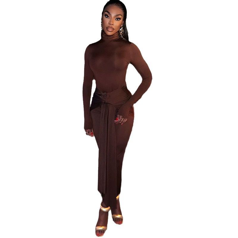 Women Full Sleeve Turtleneck Ribbon Ruched Long Maxi Dress Spring Sexy Street Slim Evening Night Club Party Dresses
