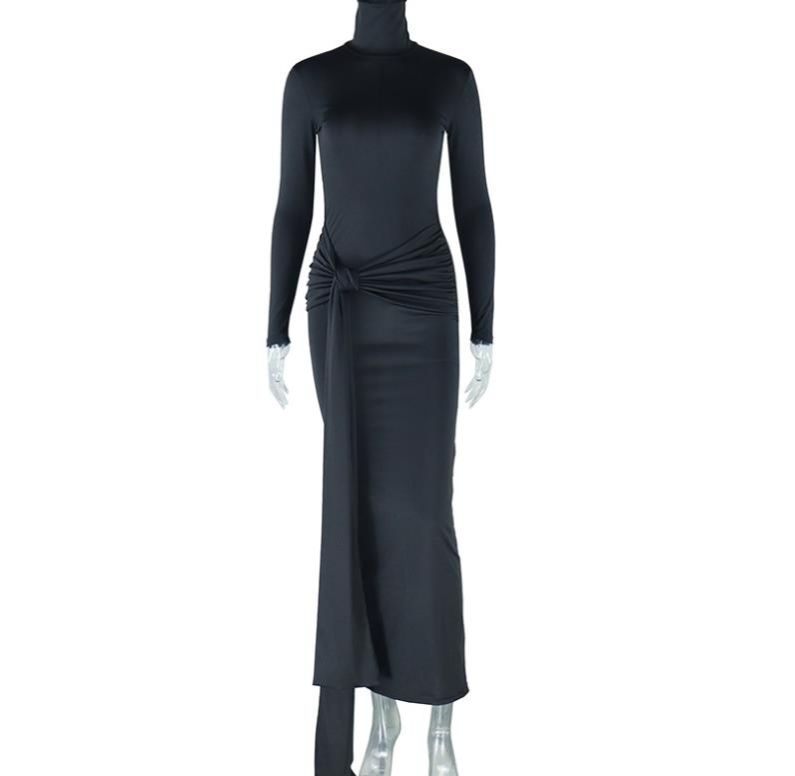 Women Full Sleeve Turtleneck Ribbon Ruched Long Maxi Dress Spring Sexy Street Slim Evening Night Club Party Dresses