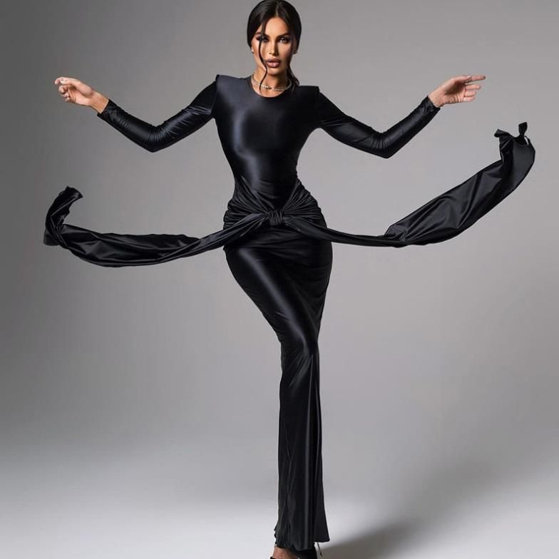 Women Full Sleeve Turtleneck Ribbon Ruched Long Maxi Dress Spring Sexy Street Slim Evening Night Club Party Dresses