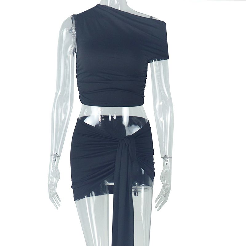 Hottie Ruched 2 Piece Set Women o-Neck Sleeveless Crop Tops+Skinny Bandage Tassel Skirts Matching Elegant Trend Suits
