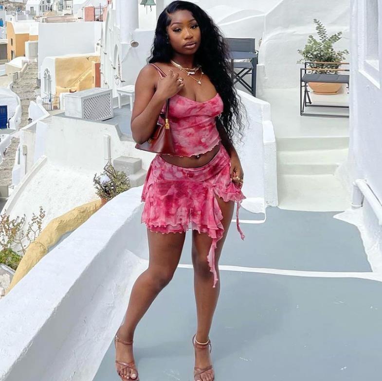 Best Selling Women's Fashionable Mesh Printing Sexy Tank Vest Side Slit Mini Dress Suit Two-Piece Outfits Women's Clothing Sets