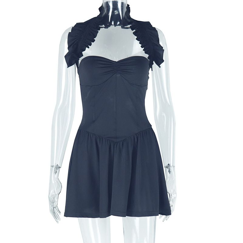 Women Backless Summer Dress Ruffle High Waist Sexy Short Elegant Dresses Party Wear Black Halter Dress Wholesale Dropshipping