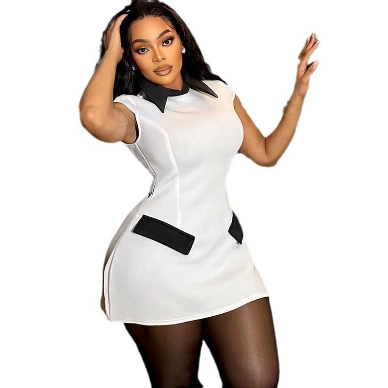 Elegant Fashion A-line Mini Dress Women Collar Cap Sleeve Pockets Patchwork Sheath High Waist Party Club Short Dresses