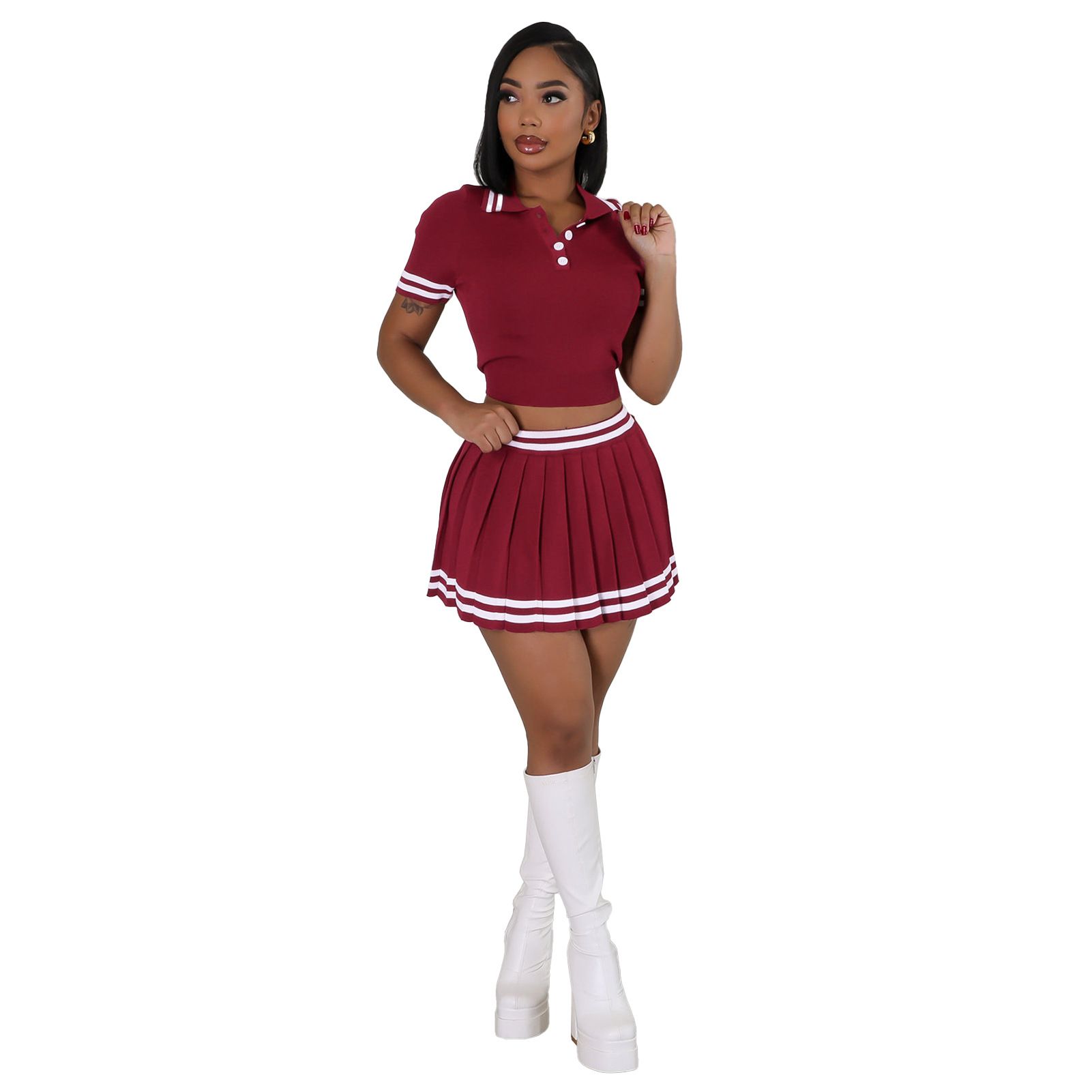 Women's Set Striped Knitted Ribbon Short Sleeve Crop Top +Pleated Skirts  Active Two 2 Piece Sets Outfits Tracksuit