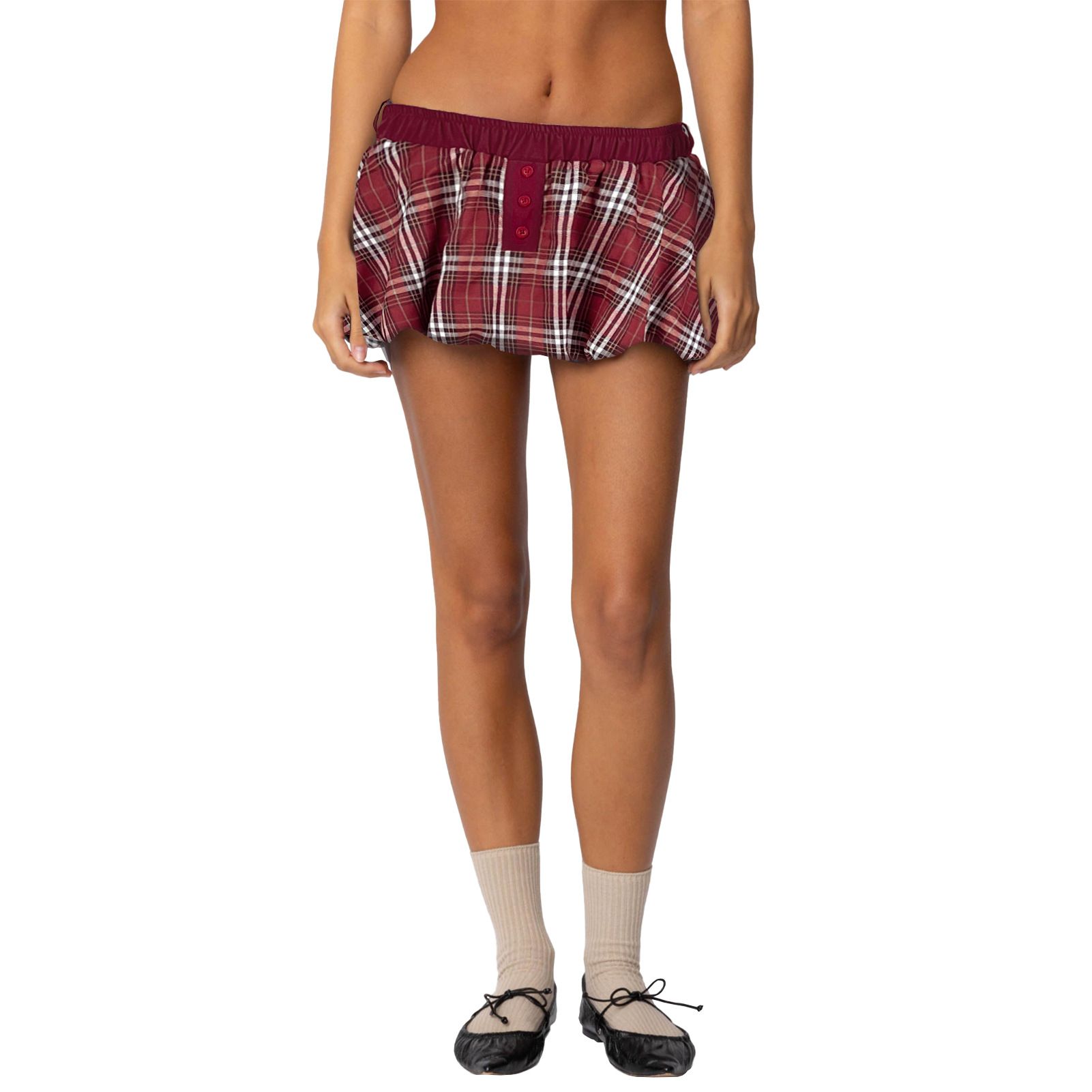 Women Plaid Bubble Mini Skirt Buttons Puff Balloon Short Skirt With Shorts Underneath Street Date Concert Night Club Y2K Skirts