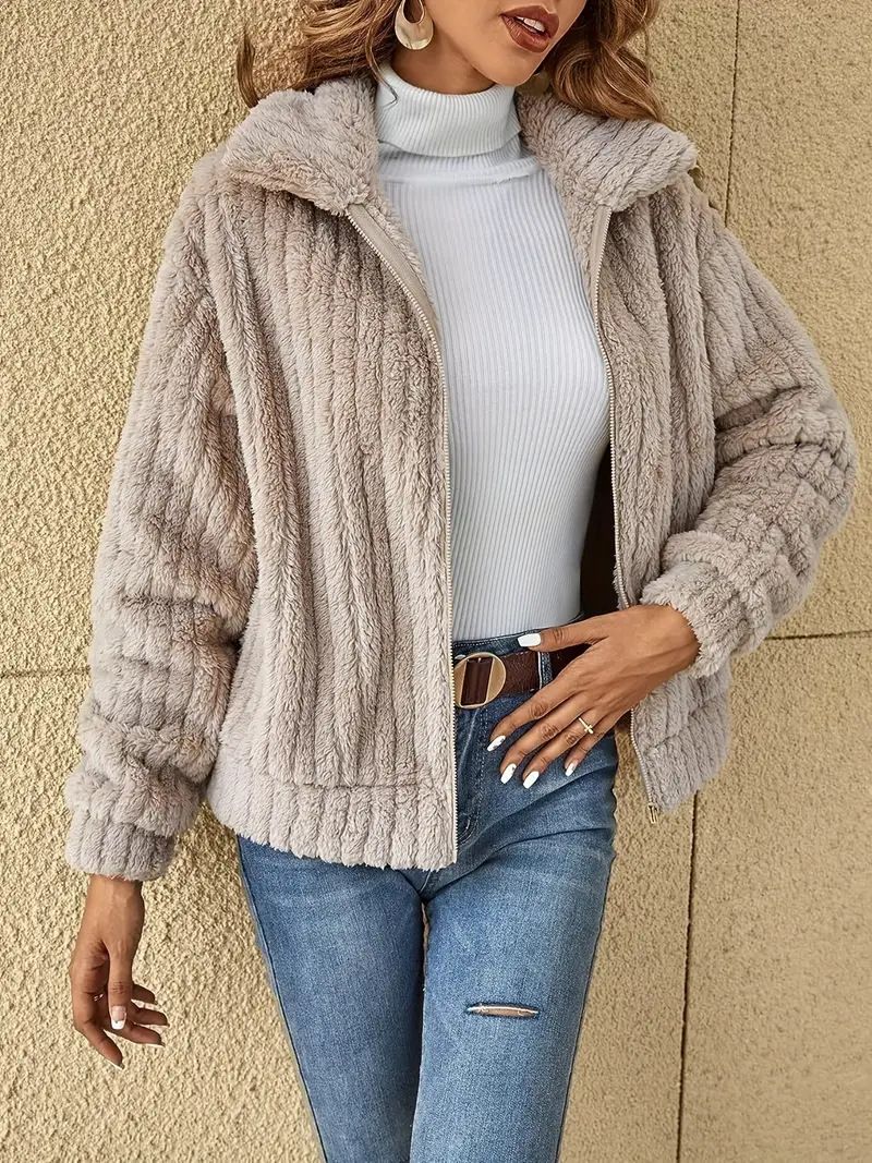 Women Fleece Basic Jacket Casual Female Turn Down Collar Teddy Pit Warm Zip Up Short Coats Women's Clothing