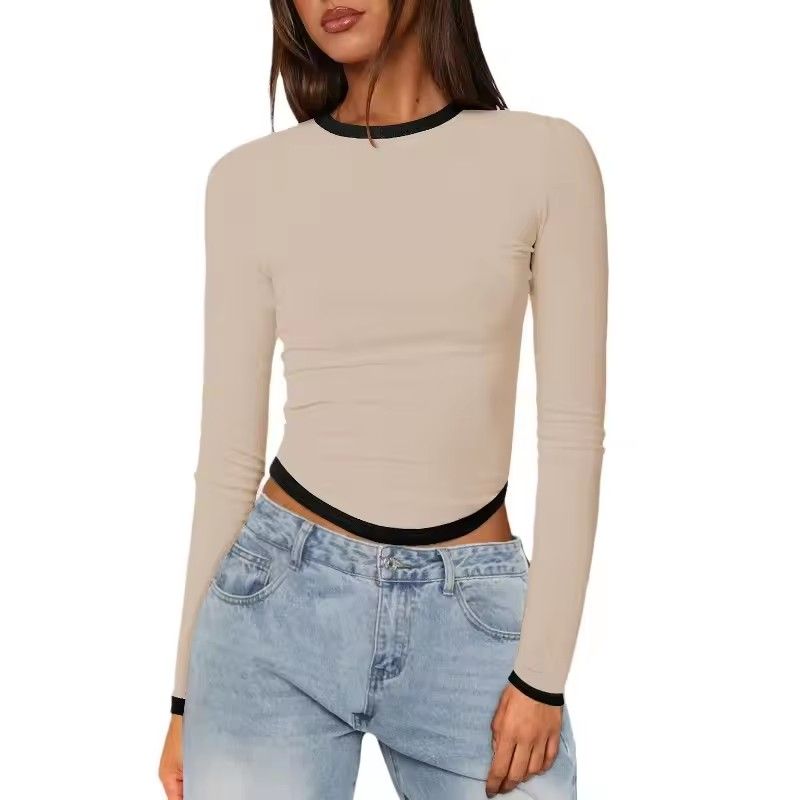 Autumn and Winter New Women's Tops Long-sleeved Round-neck Slim-fit Colour-blocked Cropped Pullover Top for Women T-Shirts