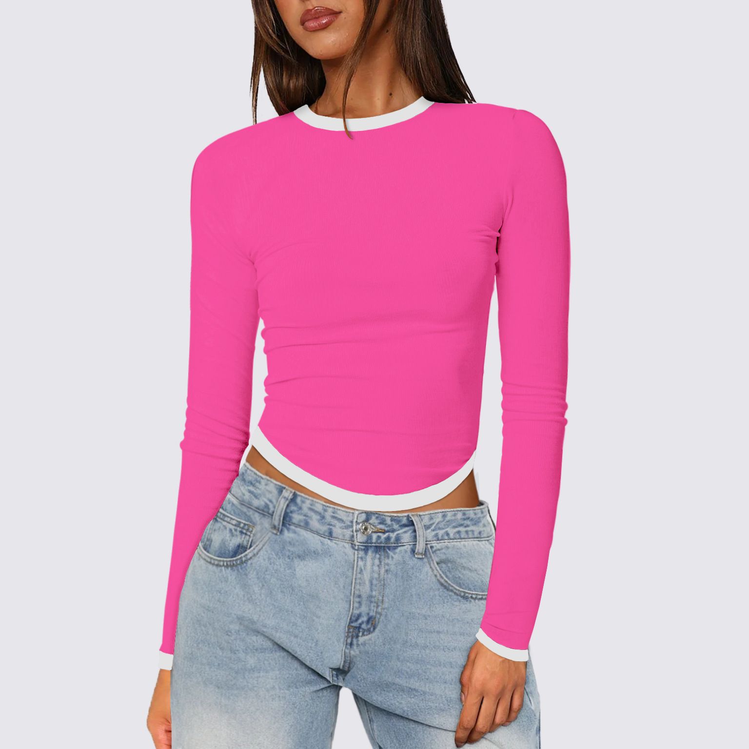 Autumn and Winter New Women's Tops Long-sleeved Round-neck Slim-fit Colour-blocked Cropped Pullover Top for Women T-Shirts