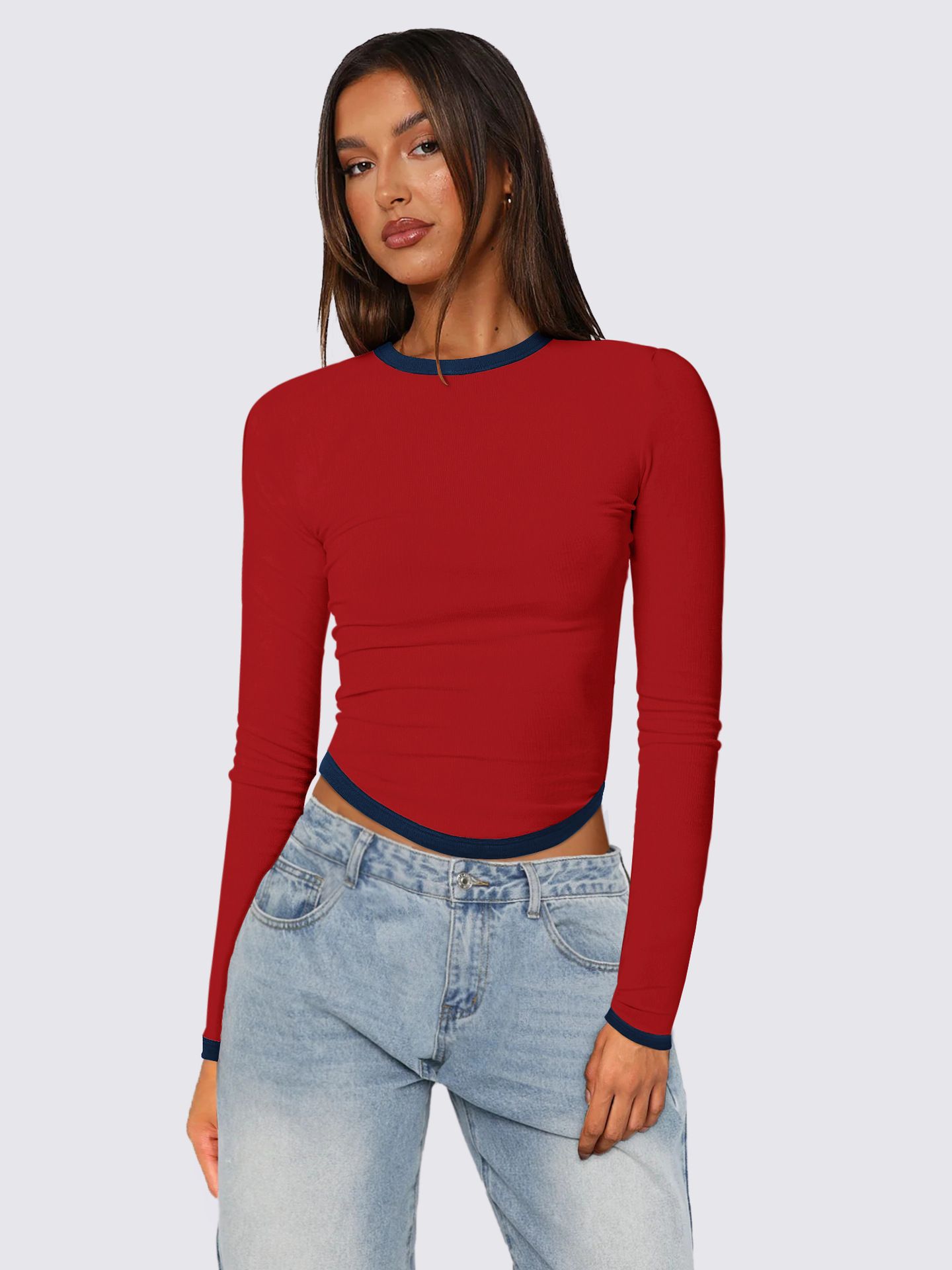 Autumn and Winter New Women's Tops Long-sleeved Round-neck Slim-fit Colour-blocked Cropped Pullover Top for Women T-Shirts