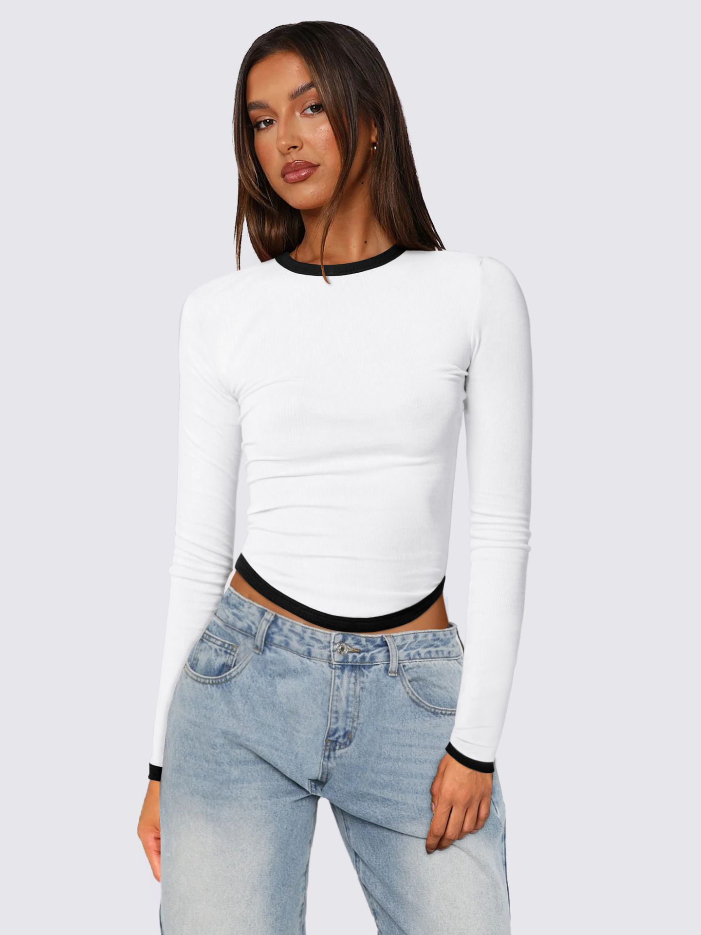 Autumn and Winter New Women's Tops Long-sleeved Round-neck Slim-fit Colour-blocked Cropped Pullover Top for Women T-Shirts