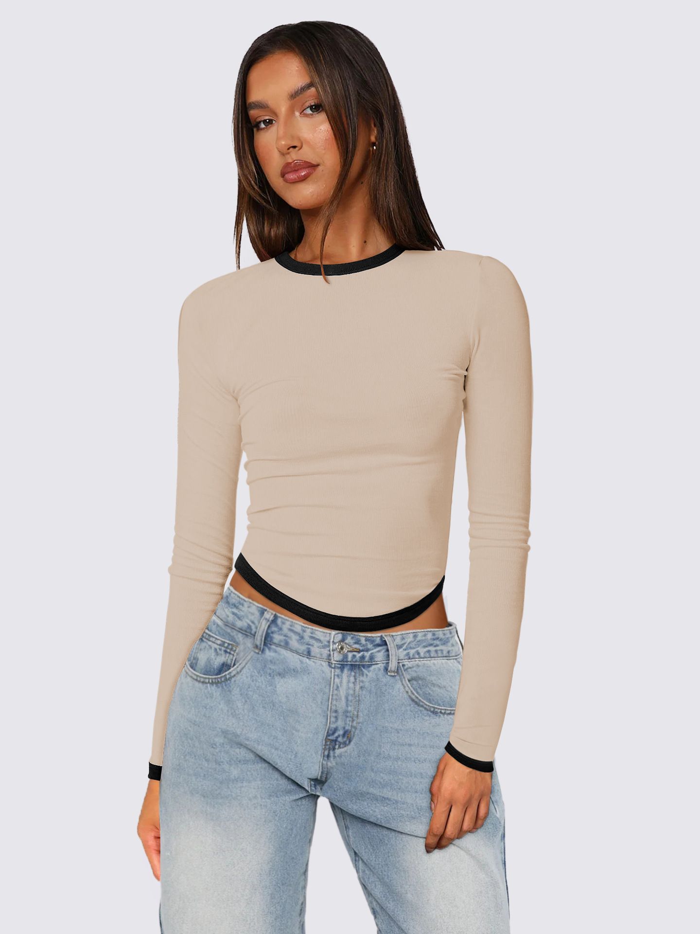 Autumn and Winter New Women's Tops Long-sleeved Round-neck Slim-fit Colour-blocked Cropped Pullover Top for Women T-Shirts