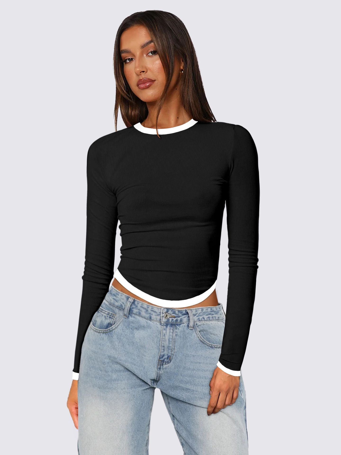 Autumn and Winter New Women's Tops Long-sleeved Round-neck Slim-fit Colour-blocked Cropped Pullover Top for Women T-Shirts