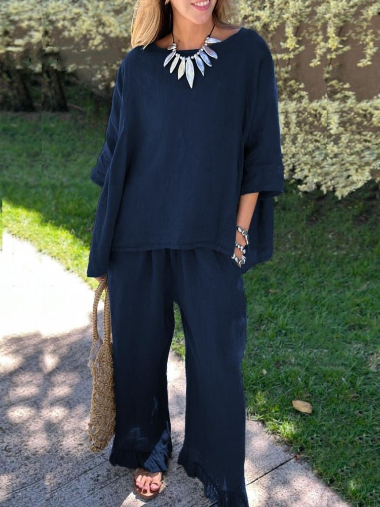 Women's Simple Solid Color Loose And Comfortable Casual Trousers Set 2-piece Sleeve Top Wide-leg Trousers Two-piece Set