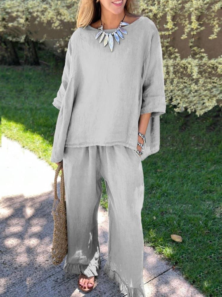 Women's Simple Solid Color Loose And Comfortable Casual Trousers Set 2-piece Sleeve Top Wide-leg Trousers Two-piece Set