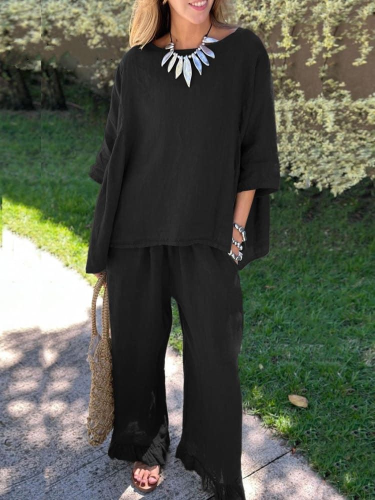 Women's Simple Solid Color Loose And Comfortable Casual Trousers Set 2-piece Sleeve Top Wide-leg Trousers Two-piece Set