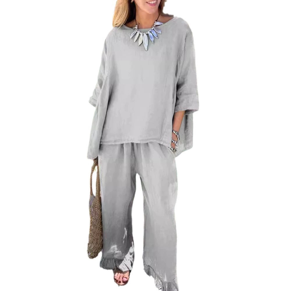 Women's Simple Solid Color Loose And Comfortable Casual Trousers Set 2-piece Sleeve Top Wide-leg Trousers Two-piece Set